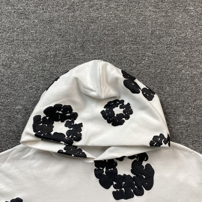 Sweat à capuche blanc en coton avec motif de déchirures de denim