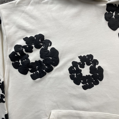 Sweat à capuche blanc en coton avec motif de déchirures de denim