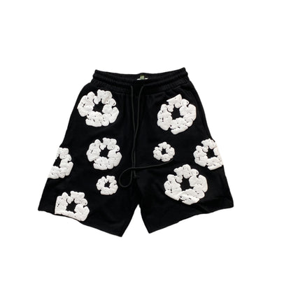 Short en coton noir à motif couronne déchirée en denim