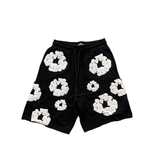 Short en coton noir à motif couronne déchirée en denim