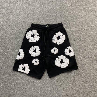Short en coton noir à motif couronne déchirée en denim