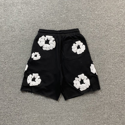 Short en coton noir à motif couronne déchirée en denim