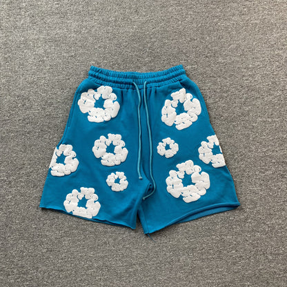 Short en coton déchiré à motifs de denim et couronne céruléen