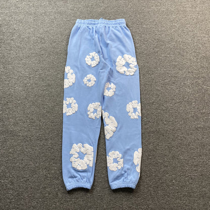 Pantalon de survêtement bleu clair à motif de couronne en coton et denim déchiré