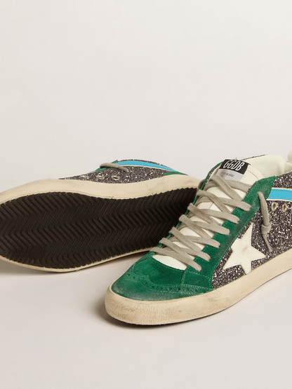 Baskets Golden Goose Mid Star – Daim vert et paillettes