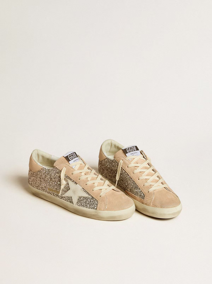 Golden Goose Super-Star – Paillettes dorées et daim beige