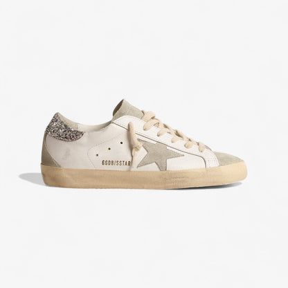 Golden Goose Superstar – Cuir blanc avec talon à paillettes argentées