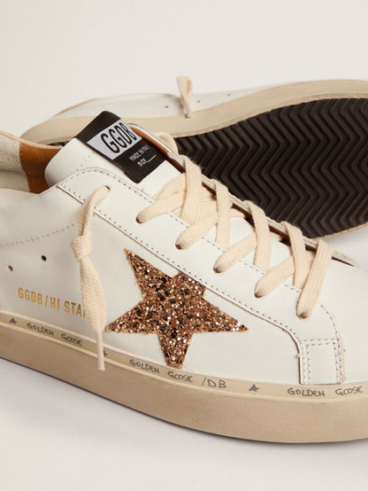 Baskets Hi Star avec étoile à paillettes dorées et languette arrière en cuir beige