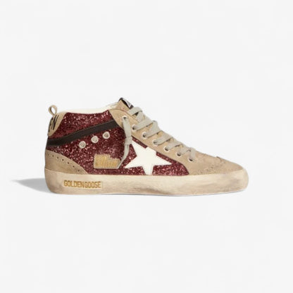 Baskets Mid Star bordeaux à paillettes avec empiècements en daim gris tourterelle et étoile en cuir blanc