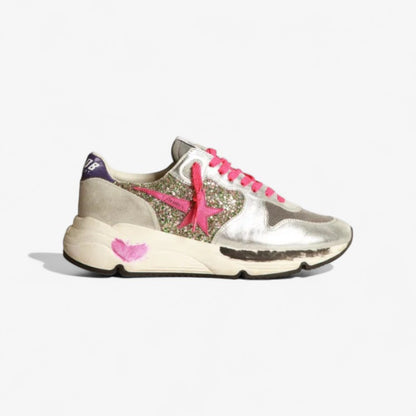 Baskets à semelle de course en cuir métallisé et pailleté