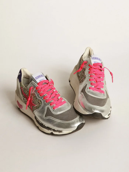 Baskets à semelle de course en cuir métallisé et pailleté