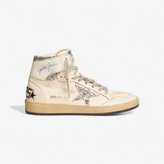 Baskets Sky-Star avec signature sur la cheville et empiècements à paillettes argentées