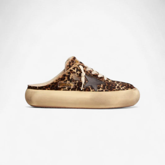 Chaussures Sabot Space-star en cuir de poney imprimé animal avec doublure en peau de mouton retournée