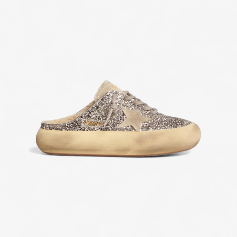 Chaussures Sabot Space-star argentées à paillettes avec doublure en peau de mouton retournée