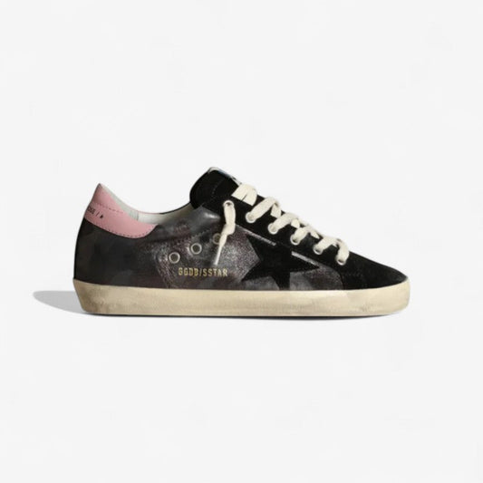 Baskets Super-star Ltd en cuir nappa camouflage métallisé avec étoile en daim noir et cuir rose