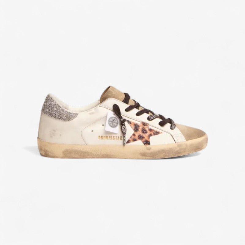 Baskets Super-star Ltd avec étoile en cristal à imprimé léopard et languette arrière en cristal argenté