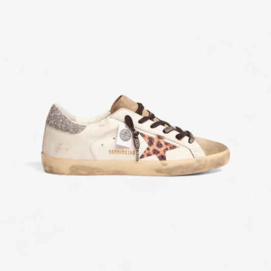 Baskets Super-star Ltd avec étoile en cristal à imprimé léopard et languette arrière en cristal argenté