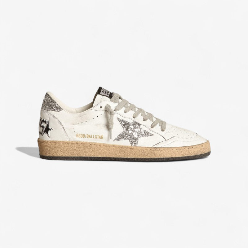 Sneaker Ball Star En Nappa Bianca Con Stella E Talloncino En Glitter Argento