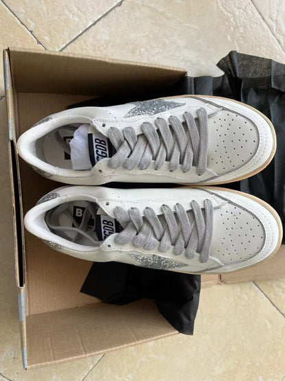 Sneaker Ball Star En Nappa Bianca Con Stella E Talloncino En Glitter Argento