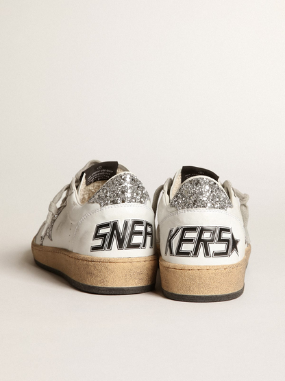 Sneaker Ball Star En Nappa Bianca Con Stella E Talloncino En Glitter Argento