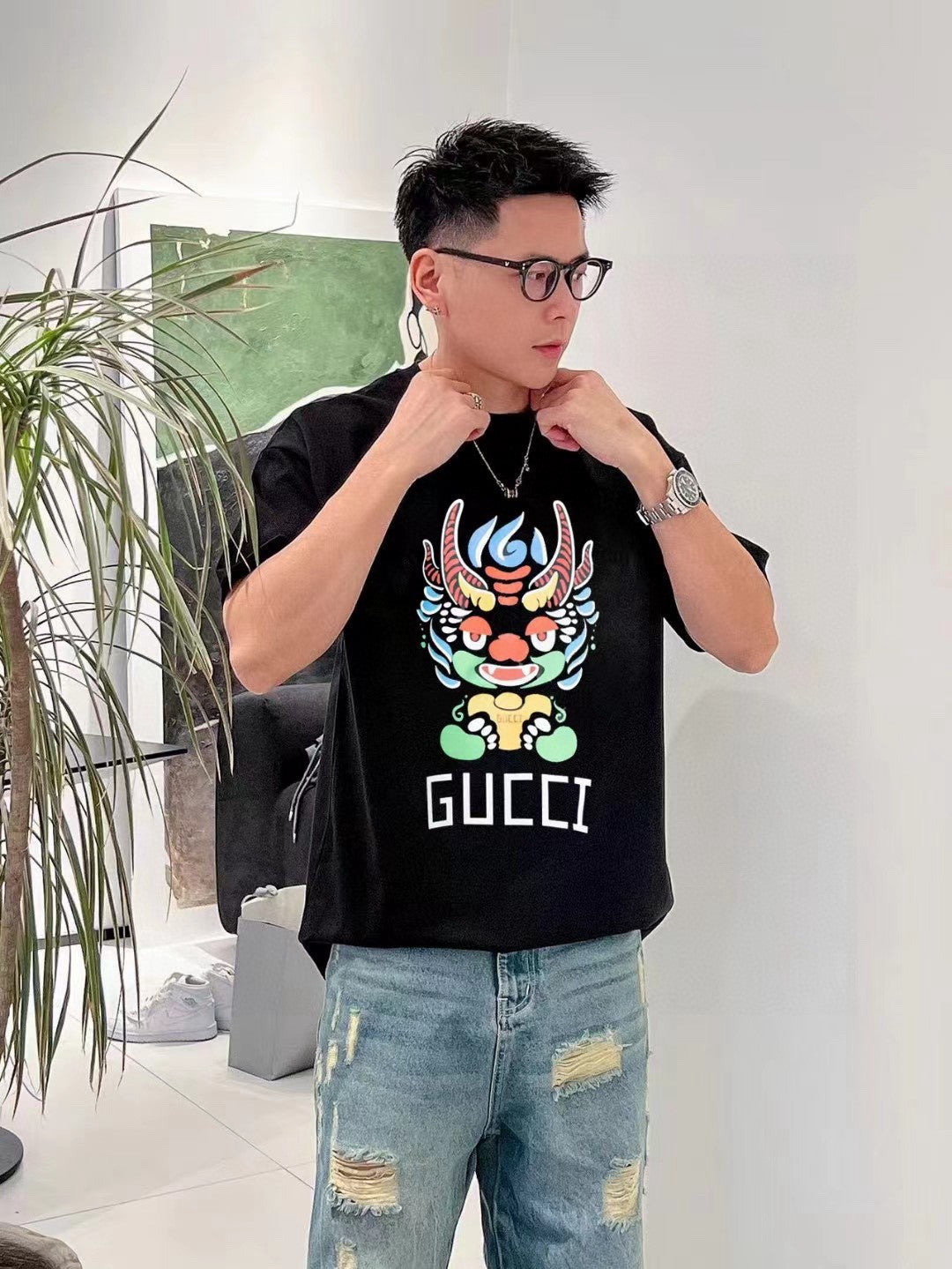 T-shirt noir Gucci à motif dragon