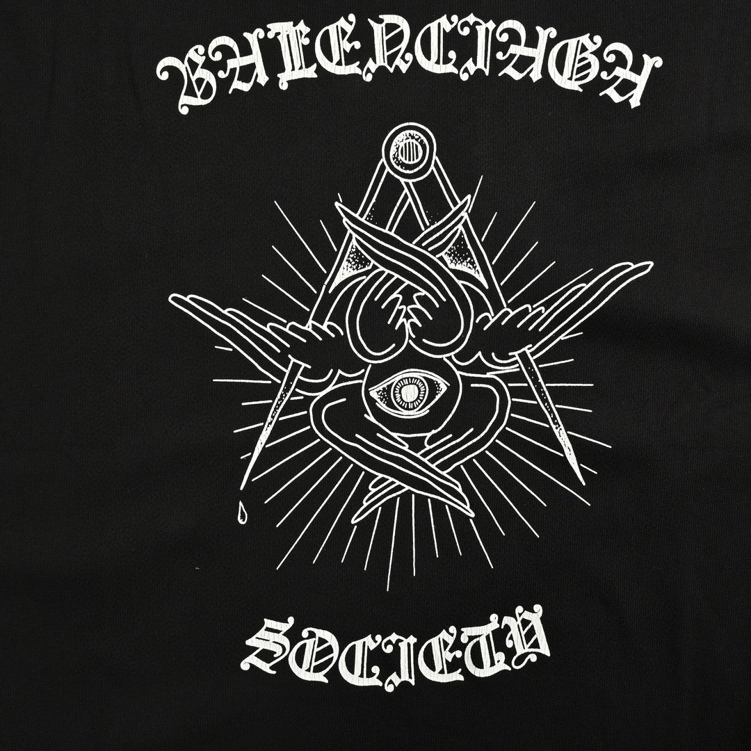 T-shirt noir Balenciaga Society avec motif blanc