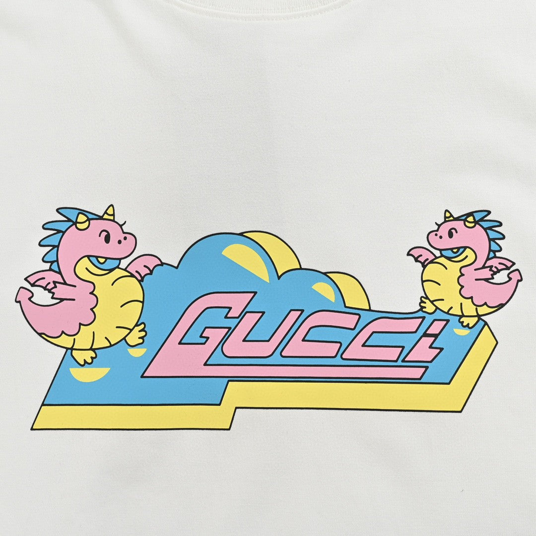 T-shirt blanc Gucci à motif dinosaure rose