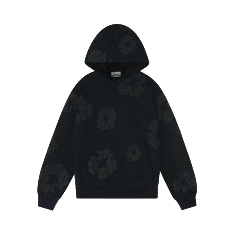 Sweat à capuche noir monochrome en denim déchiré et couronne de coton