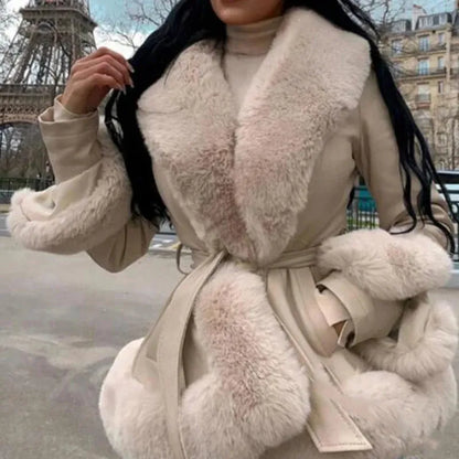 MANTEAU EN CUIR DE LUXE AVEC FOURRURE BEIGE