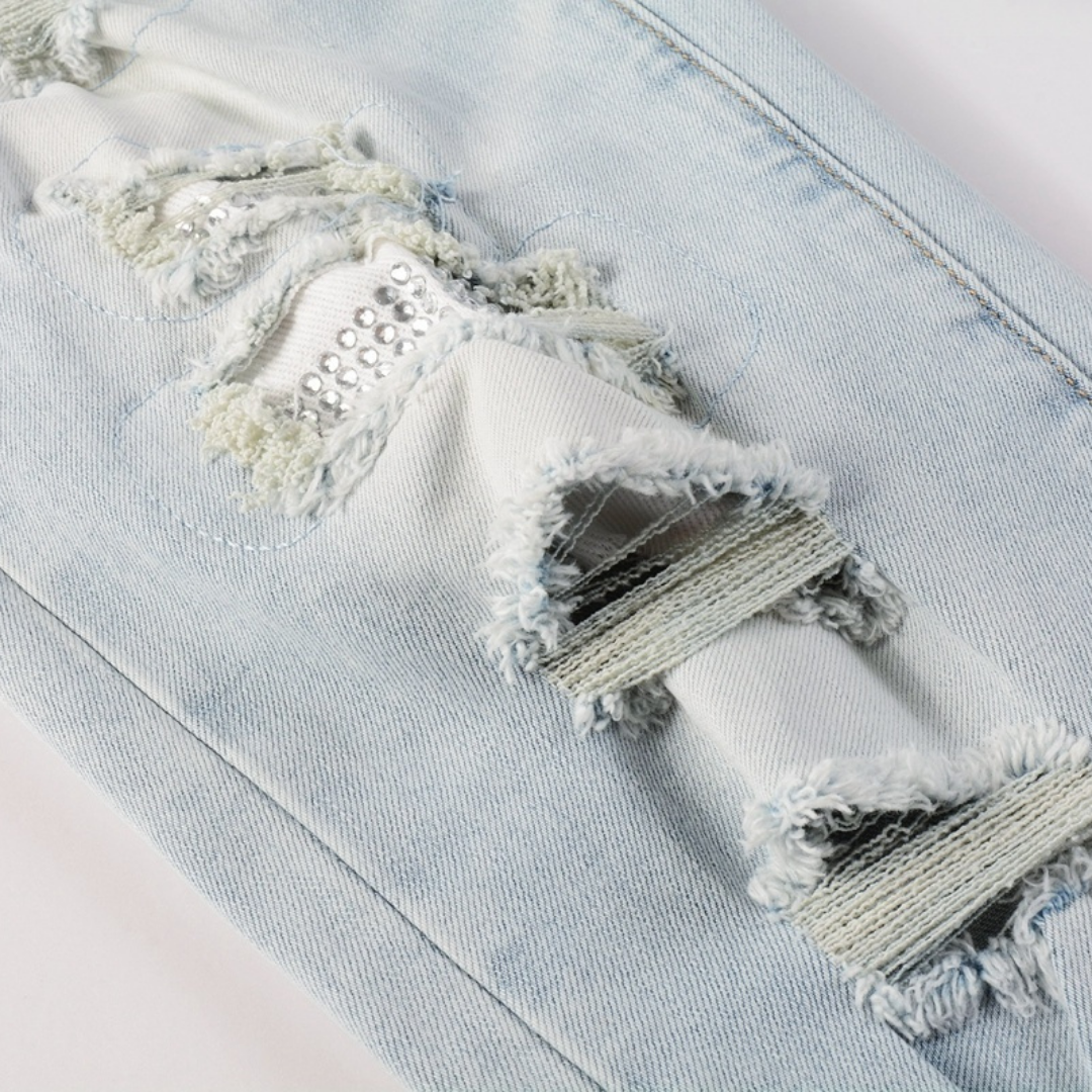 Jean Amr déchiré bleu clair à losanges