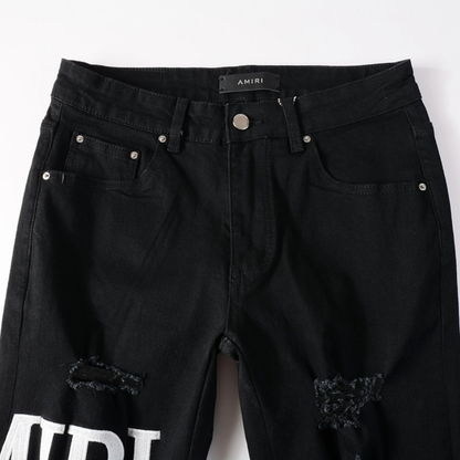 Jean blanc déchiré à logo Amr